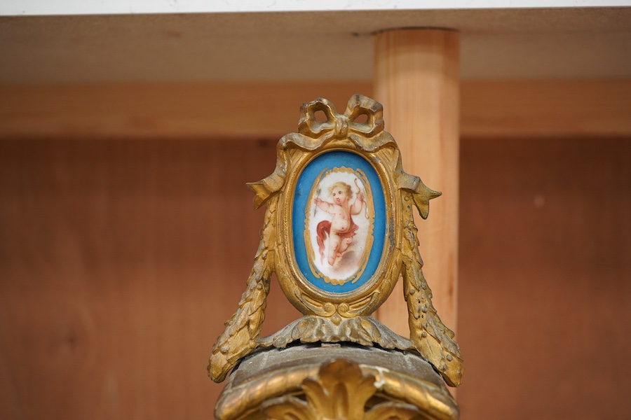 A 19th century French gilt metal mantel clock in Sevres style with gilt wood stand, 40cm total height
